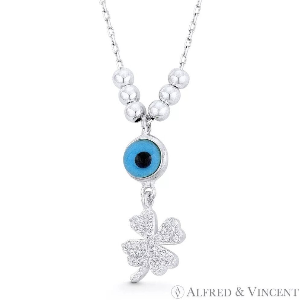 Evil Eye Bead CZ Crystal Irish Clover Charm Pendant 925 Sterling Silver Necklace